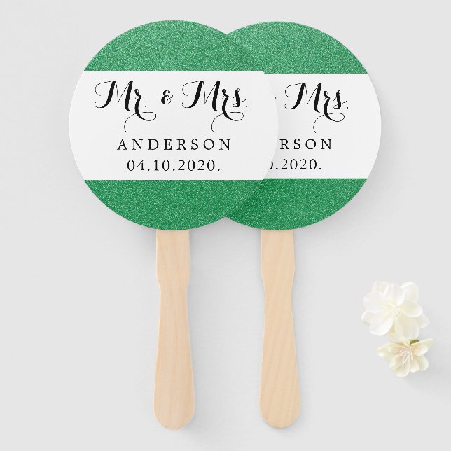 Green Glitter, Sparkly, Shiny Glitter, Wedding Hand Fan (Front and Back)