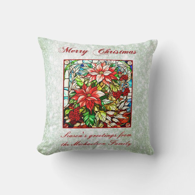 Green Glitter Stained Glass Red Christmas Flowers  Cushion (Front)