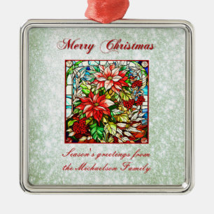 Green Glitter Stained Glass Red Christmas Flowers Metal Tree Decoration