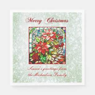 Green Glitter Stained Glass Red Christmas Flowers  Napkin