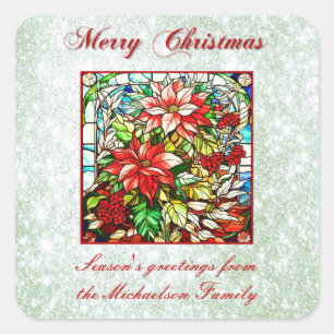 Green Glitter Stained Glass Red Christmas Flowers Square Sticker