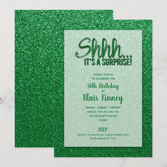 Green Glitter SURPRISE Birthday Invitation (Front/Back)