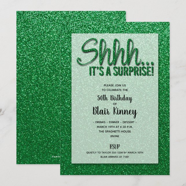 Green Glitter SURPRISE Birthday Invitations (Front/Back)