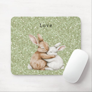Green Glitter Sweet Brown Cream White Bunny Hugs Mouse Mat