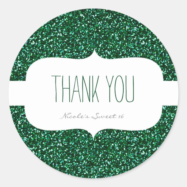 Green Glitter & White Birthday Party Favour Sticke Classic Round Sticker (Front)