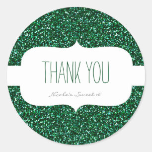 Green Glitter & White Birthday Party Favour Sticke Classic Round Sticker