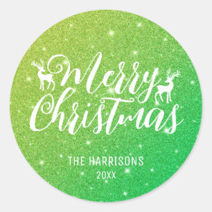 Green Glitter White Typography Reindeer Christmas Classic Round Sticker