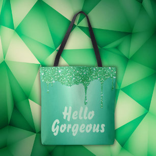 Green glitter with monogram Hello Gorgeous   Tote Bag
