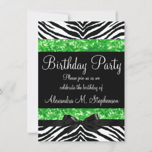 Green Glitter Zebra Bow Custom Girl Birthday Party Invitation