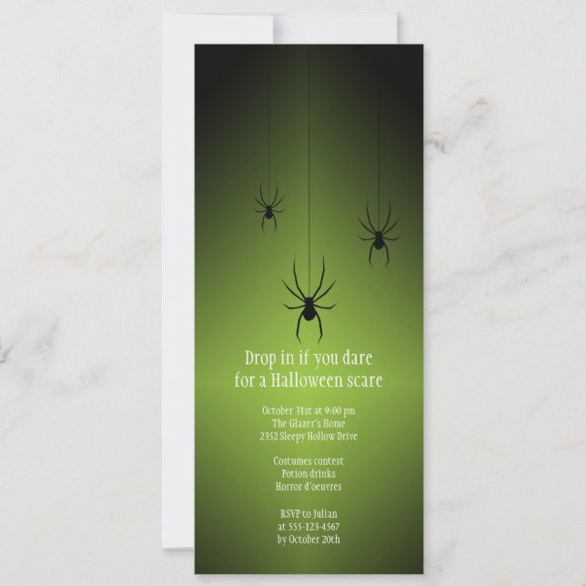 Green glow black spider Halloween invitation card (Front)