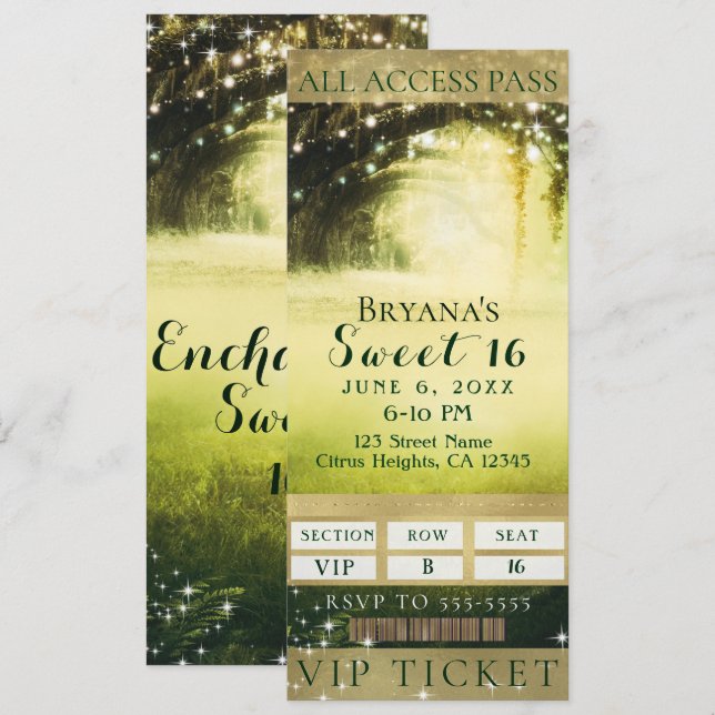 Green Glow Forest & Sparkle Lights Sweet 16 Ticket Invitation (Front/Back)