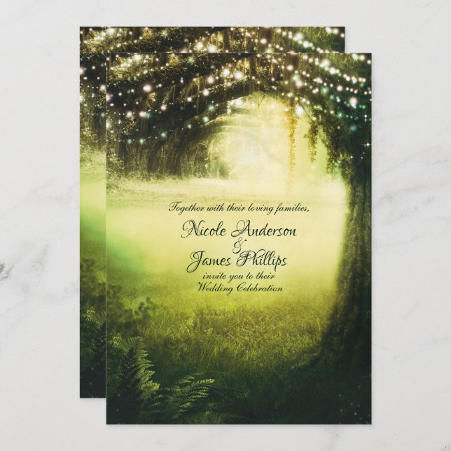 Green Glow Forest & String Lights Rustic Wedding Invitation (Front/Back)