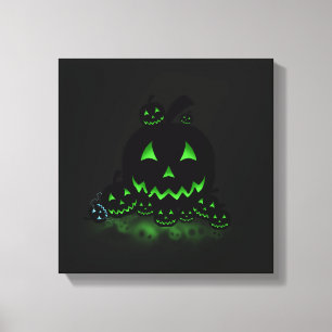 Green Glowing Black Halloween Jack O Lanterns Canvas Print
