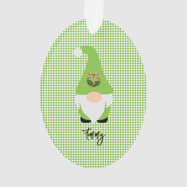 Green Gnome Chequered NAME Year Christmas Fun Ornament (Back)