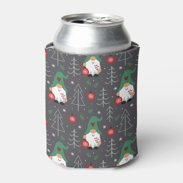 Green Gnome Christmas Tree Ornaments Pattern Can Cooler (Can Front)