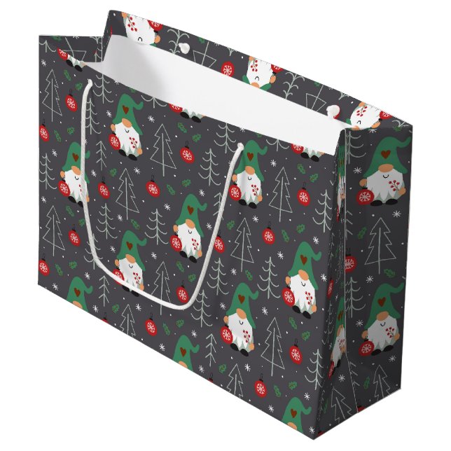 Green Gnome Christmas Tree Ornaments Pattern Large Gift Bag (Front Angled)
