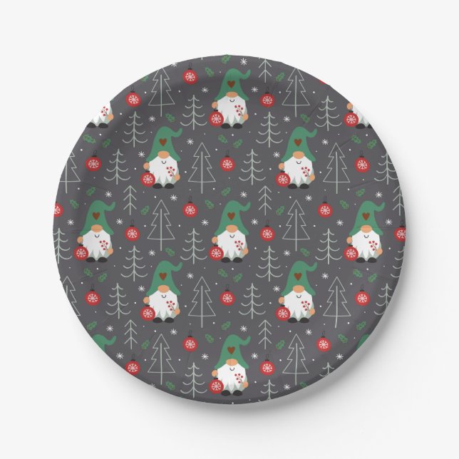 Green Gnome Christmas Tree Ornaments Pattern Paper Plate (Front)