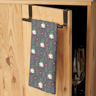 Green Gnome Christmas Tree Ornaments Pattern Tea Towel