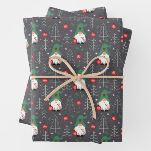 Green Gnome Christmas Tree Ornaments Pattern Wrapping Paper Sheet