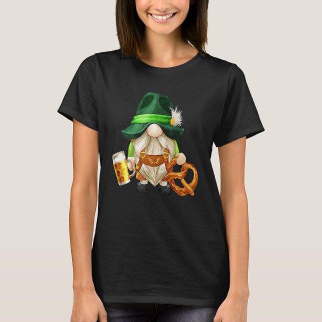 Green Gnome Holding Irish Beer And Shamrock St Pat T-Shirt (Front)