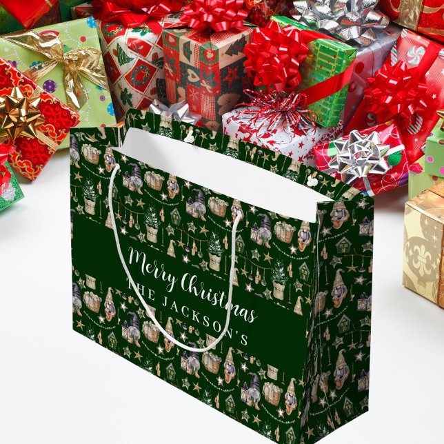 Green gnomes nordic farmhouse Christmas  Large Gift Bag (Creator Uploaded)