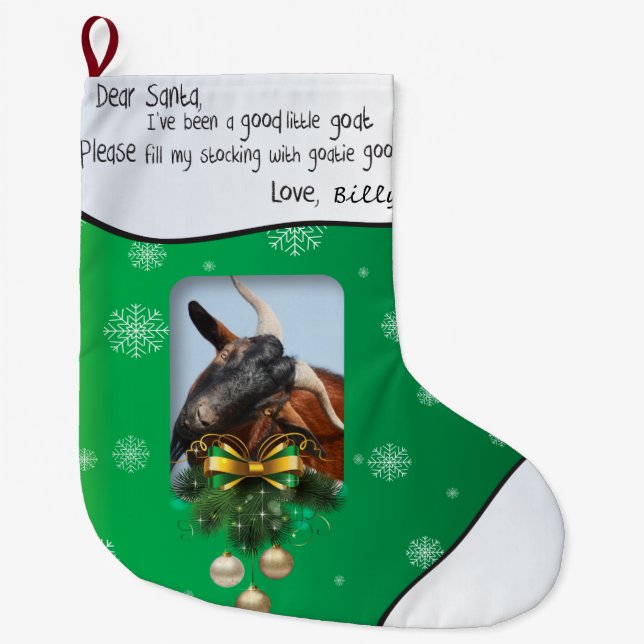 Green Goat Christmas ADD YOUR PHOTO and NAME Large Christmas Stocking (Front)