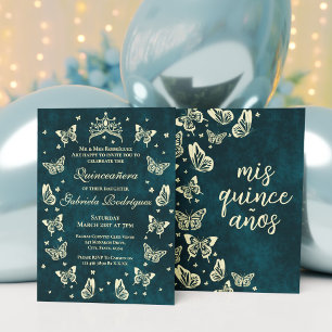 Green Gold 15 birthday Tiara Butterfly Mis Quince Invitation