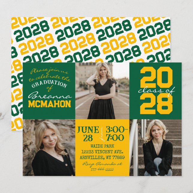 Green & Gold 3 Photo Graduation Invitation (Front/Back)