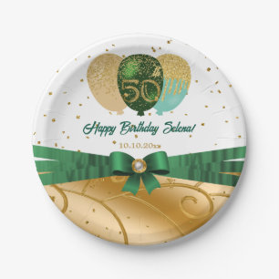 Green & Gold 50th Birthday Silk Balloon Paper Plate