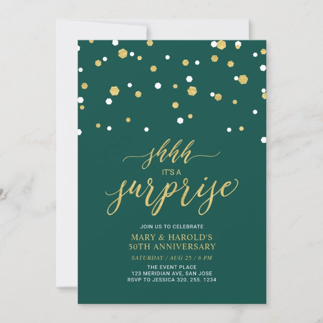 Green & Gold | 50th Surprise Wedding Anniversary Invitation (Front)