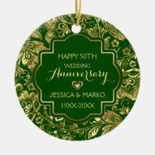 Green & Gold 50th Wedding Anniversary  Ceramic Tree Decoration