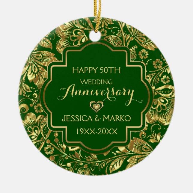 Green & Gold 50th Wedding Anniversary  Ceramic Tree Decoration (Front)