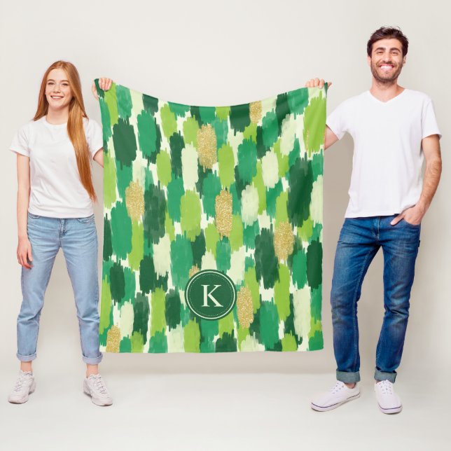 Green Gold Abstract Brushstrokes Pattern Monogram Fleece Blanket (In Situ)