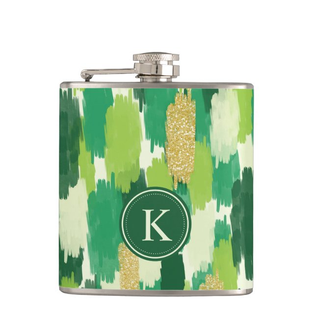 Green Gold Abstract Brushstrokes Pattern Monogram Hip Flask (Front)