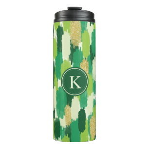Green Gold Abstract Brushstrokes Pattern Monogram Thermal Tumbler