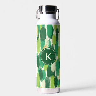 Green Gold Abstract Brushstrokes Pattern Monogram Water Bottle