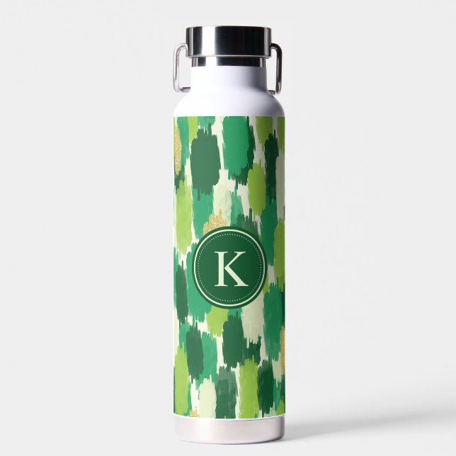 Green Gold Abstract Brushstrokes Pattern Monogram Water Bottle (Front)