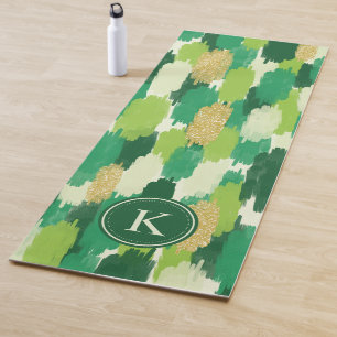 Green Gold Abstract Brushstrokes Pattern Monogram Yoga Mat