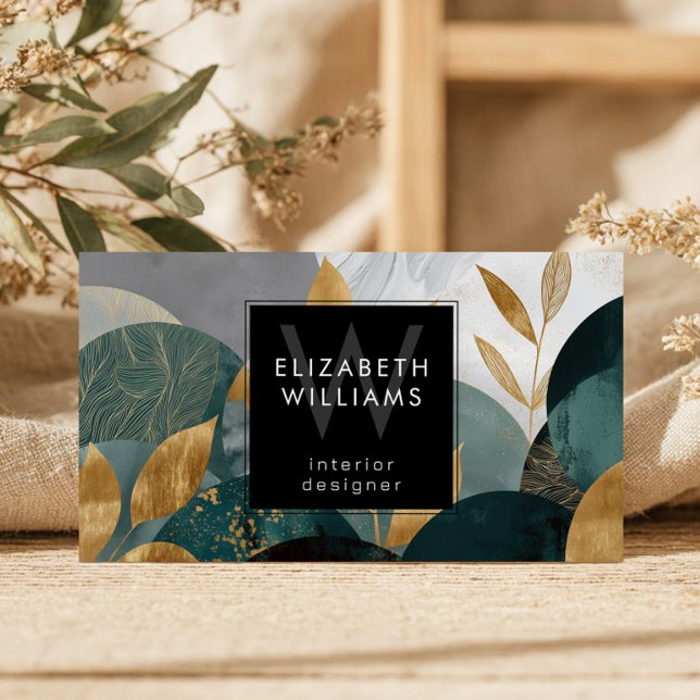 Green Gold Abstract Leaves Monogram Business Cards (Creator Uploaded)