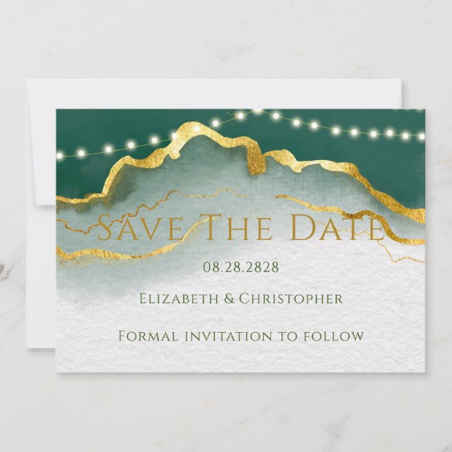 Green Gold Agate and Light Save the Date Cards (Front)
