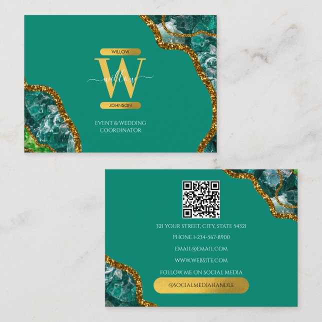 Green Gold Agate Geode Glitter Monogram QR Code Business Card (Front/Back)