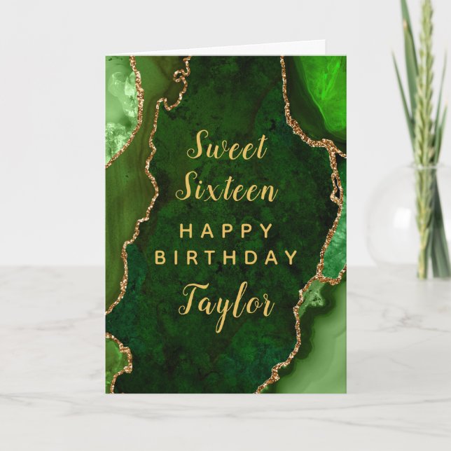 Green Gold Agate Sweet Sixteen Happy Birthday Card (Front)