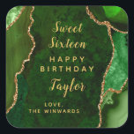 Green Gold Agate Sweet Sixteen Happy Birthday Square Sticker<br><div class="desc">This elegant and glamourous sticker can be personalised with a name or title such as daughter,  granddaughter,  niece,  friend etc. The design features a green agate marble background with faux gold glitter accents. The text combines handwritten script and modern sans serif fonts for a classy and sophisticated look.</div>