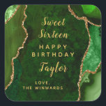Green Gold Agate Sweet Sixteen Happy Birthday Square Sticker<br><div class="desc">This elegant and glamourous sticker can be personalised with a name or title such as daughter,  granddaughter,  niece,  friend etc. The design features a green agate marble background with faux gold glitter accents. The text combines handwritten script and modern sans serif fonts for a classy and sophisticated look.</div>