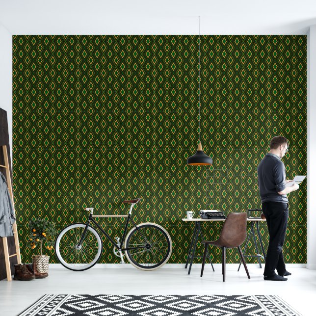 Green Gold And Black Geometric Tribal Style Print Wallpaper (Living Room)