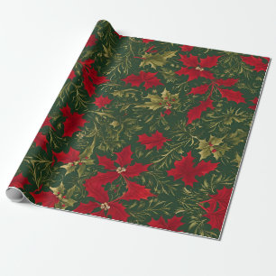 Green Gold and red Christmas Holly Flower Wrapping Paper