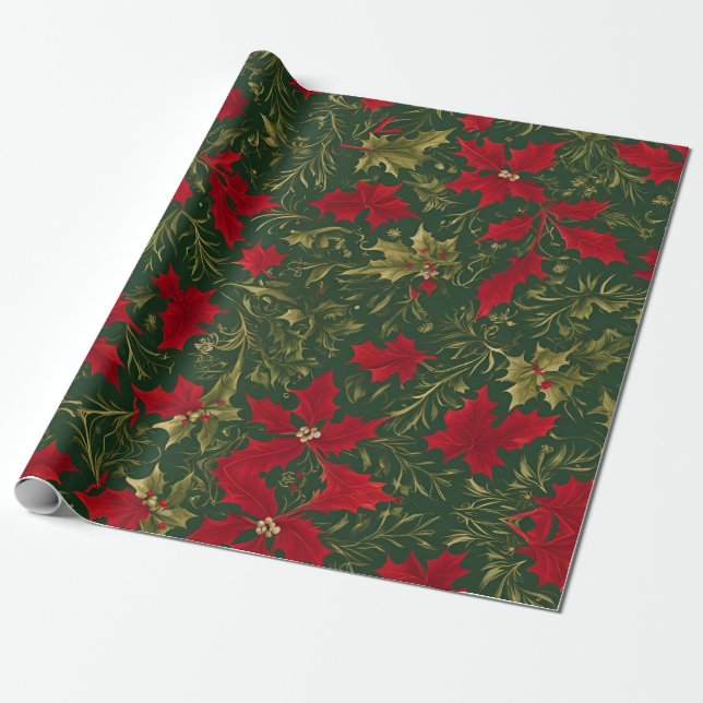 Green Gold and red Christmas Holly Flower Wrapping Paper (Unrolled)
