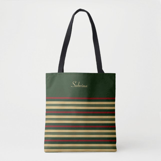Green Gold and Red Christmas Stripes Tote Bag (Front)