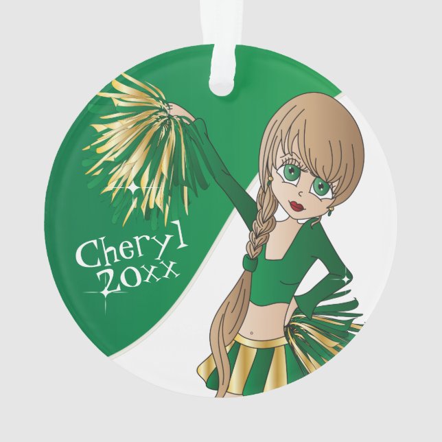 Green, Gold and White Cheerleader Girl 📣 Ornament (Back)