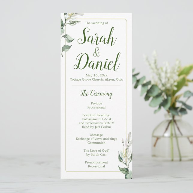 Green, Gold and White Floral Wedding Program Programme (Standing Front)